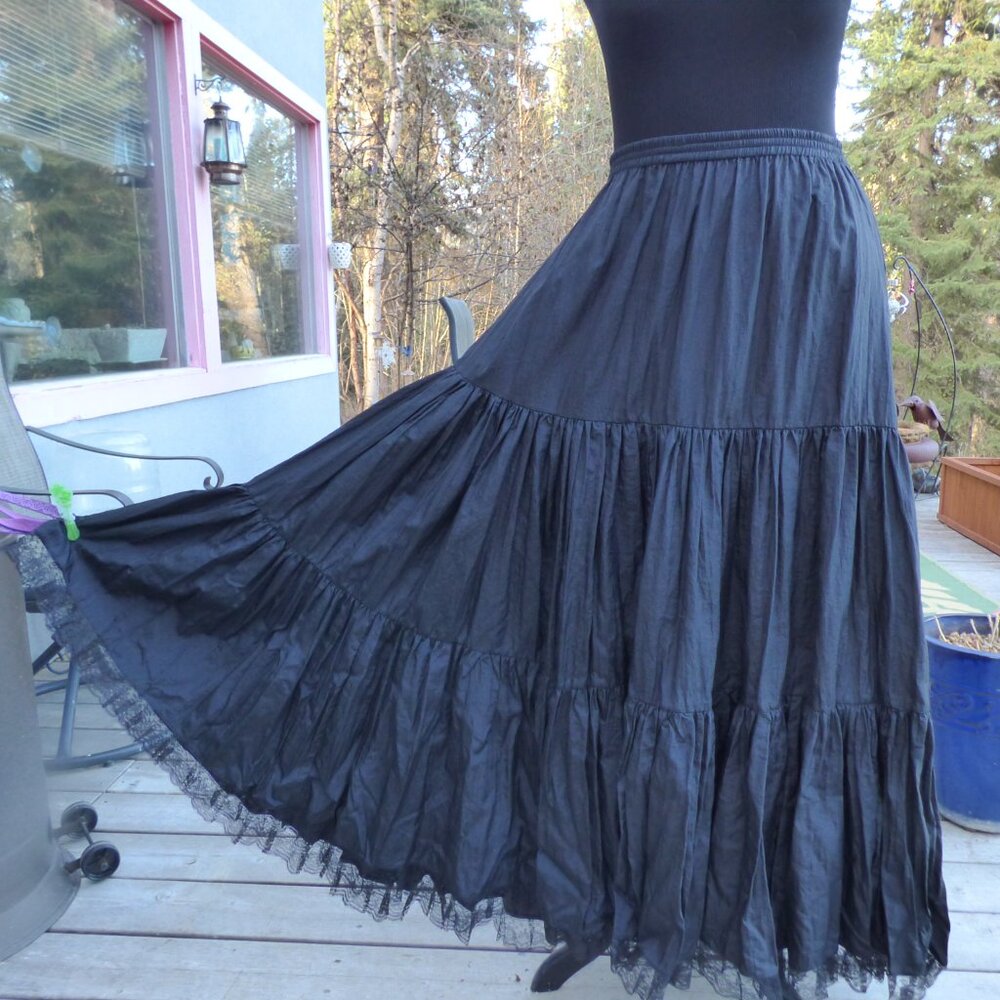 VINTAGE SINISTER GOTH WEDDING FULL TIERED BLACK LACE MAXI SKIRT OS S M L XL NWOT